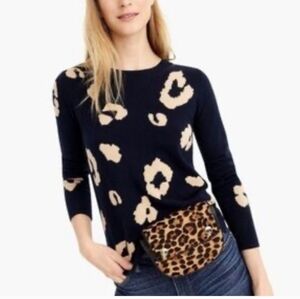 J. Crew Navy Blue and Cream Leopard Print Cashmere Sweater Size XS, M